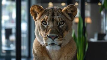 Regal lioness indoors with soft lighting. photo