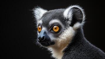 Curious lemur with black and white fur, staring ahead photo