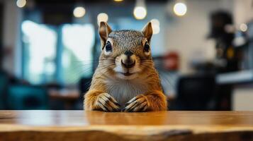 Alert Squirrel Sitting on Table with Bright Eyes photo