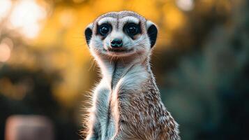 Meerkat standing watchfully in soft golden lighting photo