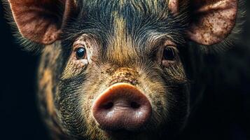 Curious pig with mottled fur and bright expression photo