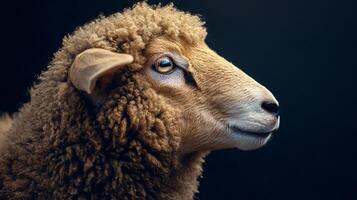 Curly wool sheep with gentle face in soft lighting photo