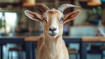 Goat with curious gaze in indoor setting environment photo