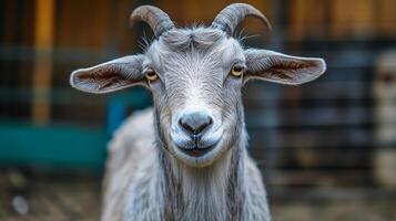 White goat with soft fur and a curious expression photo