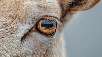 Close-up of goat eye reflecting the serene surroundings. photo