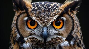 Majestic owl with striking orange eyes in darkness photo