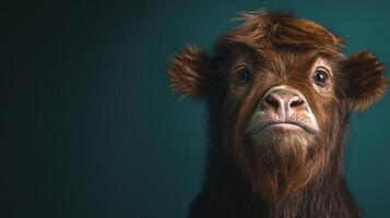 Young Highland Cow with Fluffy Fur and Cute Expression photo