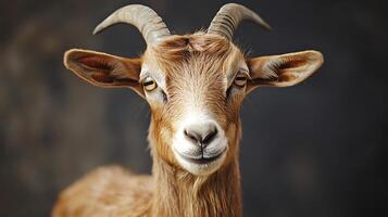Goat with curved horns looking content and calm. photo
