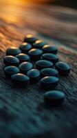 Black herbal pills arranged on a wooden surface at sunset photo