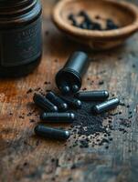 Natural health supplements laid out on a rustic wooden surface with a jar photo