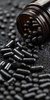 Supplements scattered from jar on a dark surface with texture and detail photo