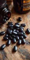 Black tablets scattered on wooden surface beside a bottle photo
