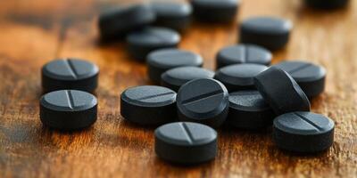 Black tablets scattered on wooden surface in bright light setting photo