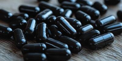 Black capsules scattered on wooden surface in natural light photo