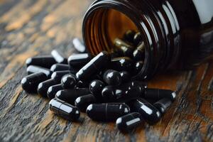 Black capsules spill from a brown bottle on a wooden surface photo