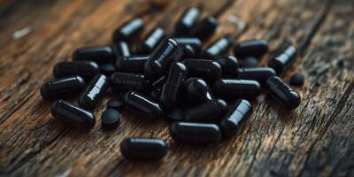 Black dietary supplements scattered on a rustic wooden surface photo