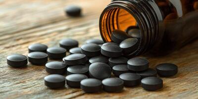 Black tablets spilled from a brown bottle on wooden surface photo