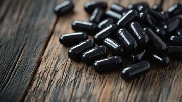 Black capsules scattered on a rustic wooden surface in natural light photo
