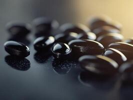 Glossy black seeds scattered on a reflective surface in a bright setting photo