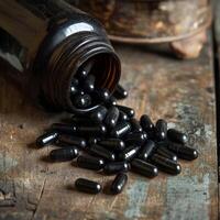 Spilled black capsules from a glass bottle on wooden surface photo