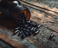 Black capsules spilled from a dark bottle on a rustic wooden surface photo