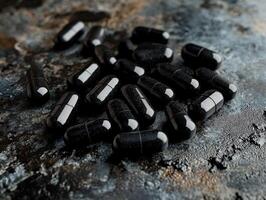 Black capsules scattered on a textured surface in natural light photo