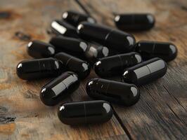 Black capsules scattered on a wooden surface in a natural setting photo