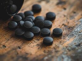 Black dietary supplements scattered on wooden surface photo