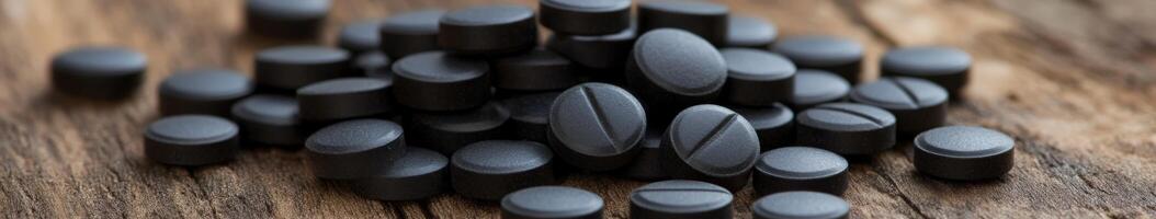 Black tablets scattered on a wooden surface for various health purposes photo