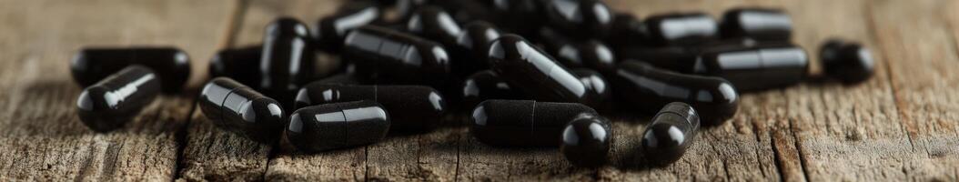 Black capsules on wooden surface depicting health supplement usage photo
