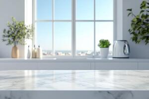 Bright kitchen countertop with marble surface and city view in background photo