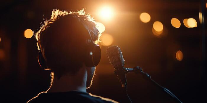 cantante realiza en etapa durante un vibrante concierto debajo calentar luces foto