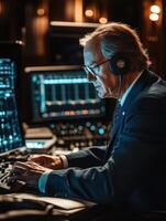 Expert sound engineer working in a modern studio environment at night photo