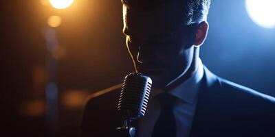 Singer performing on stage under dramatic lighting during a live show photo