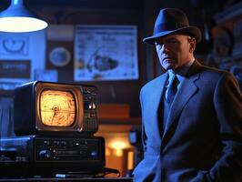 Mysterious man in hat standing by vintage television in dimly lit room photo