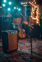 Live music setup features microphone and amplifier in cozy venue atmosphere photo