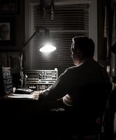 Man working late at night in a dimly lit room, focused on tasks photo