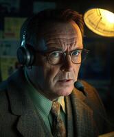 Middle-aged man in a dimly lit room wearing a headset and focused on work photo