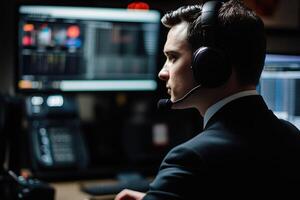 Professional working at a computer station in a modern tech environment photo
