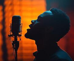 Vocal performance captures emotions in vibrant backdrop at sunset hour photo