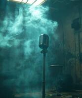 Vintage microphone stands in a smoky room with blue lighting photo