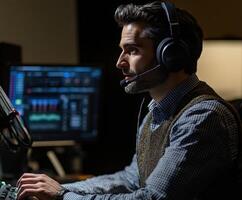 Professional audio engineer working on sound mixing at a studio setup photo