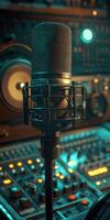 Microphone stands in recording studio with colorful lights and equipment photo