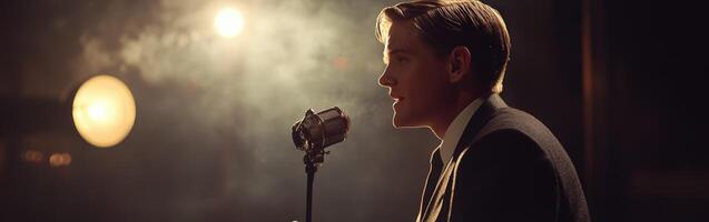 Singer passionately performs on stage with vintage vibes and dramatic lighting photo
