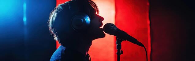 Young singer performing passionately in colorful studio setting at night photo