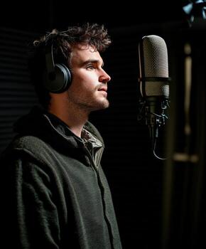 Recording a vocal performance in a sound studio during a music session photo