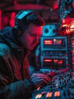Music producer works on sound mixing in a vibrant studio environment photo