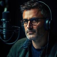Professional man engaged in audio recording session with equipment photo