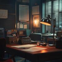 Workspace with vintage equipment illuminated in a warm glow during evening hours photo