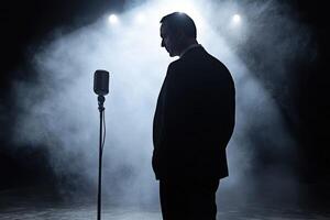Performer stands in silhouette with a vintage microphone in a spotlight photo